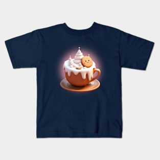 Cute Kawaii cookie in a foamy creamy coffee with Winter Wonderland vibe Kids T-Shirt